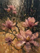 Magnolia aan de bosrand in oudroze, schilderij van magnolia tegen de lucht