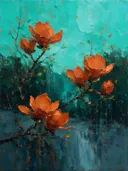 Magnolia aan de bosrand in roestturkoois, schilderij van magnolia van dichtbij