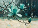 Magnolia aan de bosrand in turkoois, schilderij van magnolia tegen de lucht