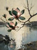 Magnolia aan de oever in groenroze, schilderij van magnolia aan de oever