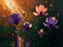 Magnolia aan de oever in paarsoranje, schilderij van magnolia onder de hemel