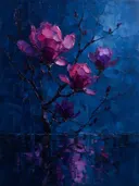 Magnolia aan de oever in violet, schilderij van magnolia onder de hemel