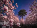 Landschapsfoto van magnolia bij de schemering, met een statige eik