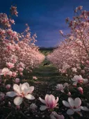 Landschapsfoto van magnolia bij de schemering, met een paar koeien