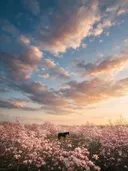 Landschapsfoto van magnolia bij het gouden uur, met een eenzaam paard