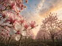 Landschapsfoto van magnolia bij het gouden uur, met een zwerm vogels