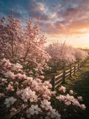 Landschapsfoto van magnolia bij het gouden uur, met een houten hek
