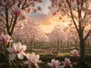 Landschapsfoto van magnolia bij het gouden uur, met een konijn met haar jongen