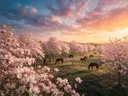 Landschapsfoto van magnolia bij het gouden uur, met een kleine kudde paarden