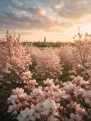 Landschapsfoto van magnolia bij het gouden uur, met een kerktoren die boven de bomen uitsteekt
