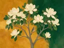 Schilderij van magnolia in amber en flessengroen, in vlakke kleurvlakken