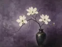 Schilderij van magnolia in een donkere keramische vaas met gespikkeld goudglazuur, oosterse stijl in amethist