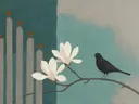 Schilderij van magnolia in aqua en warm grijs, in vlakke kleurvlakken