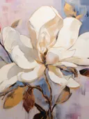 Realistisch geschilderde witte magnolia bloem met goud, blauw en roze accenten in expressieve stijl