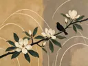 Schilderij van magnolia in camel en ivoor, in vlakke kleurvlakken