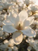 Macrofotografie van dauwdruppels op magnolia, gouden gloed, wit