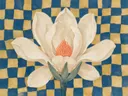 Schilderij van magnolia in delfsblauw en mosterd, in vlakke kleurvlakken