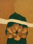 Schilderij van magnolia in dennengroen en klei, in vlakke kleurvlakken