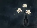 Schilderij van magnolia in een antracieten vaas met een fijn gebarsten goudlijn-glazuur, oosterse stijl in inktzwart
