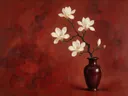 Schilderij van magnolia in een glanzende oxblood-rode lakvaas, oosterse stijl in lakrood