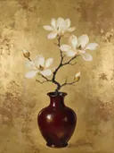 Schilderij van magnolia in een glanzende oxblood-rode lakvaas, oosterse stijl in goud en brons