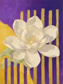 Schilderij van magnolia in goudgeel en paars, in vlakke kleurvlakken