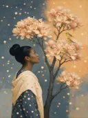 Schilderij van magnolia in grijsblauw en abrikoos, in vlakke kleurvlakken
