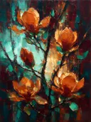 Magnolia in groepjes in roestturkoois, schilderij van magnolia van dichtbij
