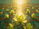 Magnolia in het landschap in citroen, schilderij van magnolia