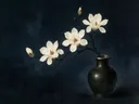 Schilderij van magnolia in een diep bronzen vaas met een fijne goudrand, oosterse stijl in inktzwart