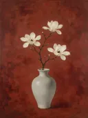 Schilderij van magnolia in een bleke, ongeglazuurde steengoed vaas, oosterse stijl in lakrood