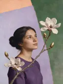 Schilderij van magnolia in lila en mosgroen, in vlakke kleurvlakken