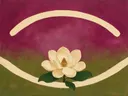 Schilderij van magnolia in magenta en olijfgroen, in vlakke kleurvlakken