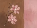 Schilderij van magnolia in poederroze en bruin, in vlakke kleurvlakken