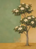 Schilderij van magnolia in salie en oker, in vlakke kleurvlakken