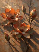 Magnolia in terracotta, schilderij van magnolia tegen de lucht