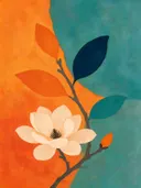 Schilderij van magnolia in turkoois en mandarijn, in vlakke kleurvlakken