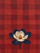 Schilderij van magnolia in vermiljoen en indigo, in vlakke kleurvlakken