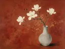 Schilderij van magnolia in een bleke, ongeglazuurde steengoed vaas, oosterse stijl in vermiljoenrood