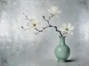 Schilderij van magnolia in een gladde celadon-groene porseleinen vaas, oosterse stijl in verweerd zilver