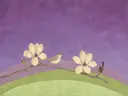 Schilderij van magnolia in violet en limoen, in vlakke kleurvlakken