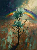Magnolia in zeegroen, schilderij van magnolia op de helling