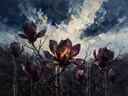 Magnolia onder de hemel in aubergine, schilderij van magnolia van dichtbij