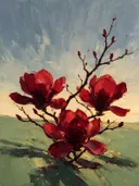Magnolia onder de hemel in karmozijn, schilderij van magnolia van dichtbij