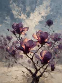 Magnolia onder de hemel in violet, schilderij van magnolia onder de hemel