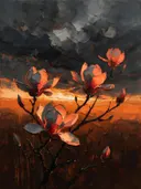 Magnolia onder een storm in antracietkoraal, schilderij van magnolia