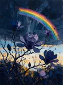 Magnolia onder een storm in inktblauw, schilderij van magnolia onder een storm