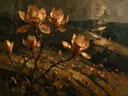 Magnolia op de helling in kopergloed, schilderij van magnolia op de helling