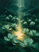 Magnolia op de helling in zeegroen, schilderij van magnolia op de helling