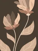 Vlakke illustratie van twee magnoliabloemen met bladeren in bruine en zandtinten op een donkerbruine achtergrond.